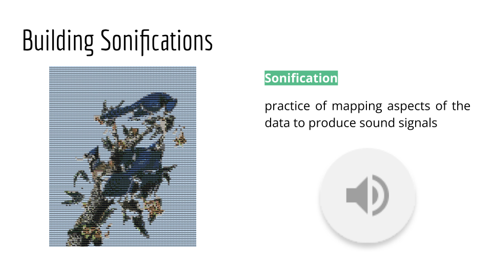 Slide entitled "Building Sonifications", with the blue jay photomosaic on the left. The definition on the right defines sonification as the practice of mapping aspects of the data to produce sound signals.